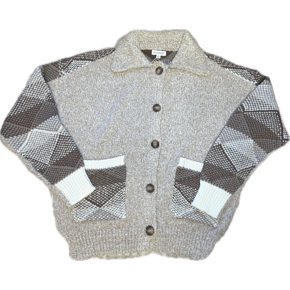 Blu Pepper Women’s Button Front Knit Cardigan Sweater Size S Brown Argyle